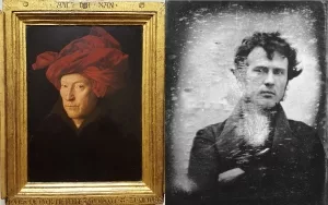 Jan van Eycks "Mann mit rotem Turban" (l.; 1433) und fotografisches Selbstporträt von Robert Cornelius (r.; 1839)