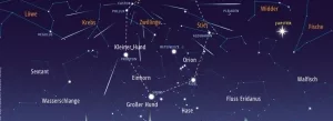 Ausschnitt des Dezembernachthimmels mit Radiant der Geminiden