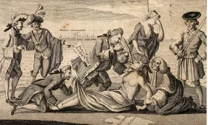 Karikatur The able Doctor, or America Swallowing the Bitter Draught, von 1774