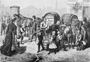Fasswagen verteilen abgekochtes Wasser, Choleraepidemie 1892 in Hamburg