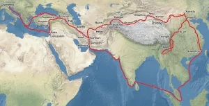 Angebliche Gesamtreiseroute Marco Polos ohne Abstecher nach Bagdad und Karakorum