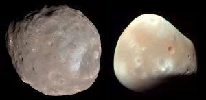 Marsmonde Phobos (l.) und Deimos (r.)