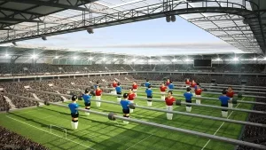 In eine Stadionkulisse integriertes Tischfussballspiel