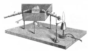  Spectrometer in Chemical Analysis by Spectrum-observations by Gustav Kirchhoff & Robert Bunsen, The London, Edinburgh and Dublin Philosophical Magazine and Journal of Science (Aug, 1860) p. 91.