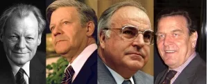  (v.l.n.r.) Willy Brandt, 4. Bundeskanzler (1969–1974), Helmut Schmidt, 5. Bundeskanzler (1974–1982), Helmut Kohl, 6. Bundeskanzler (1982–1998), und Gerhard Schröder, 7. Bundeskanzler (1998–2005)