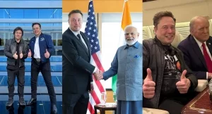 Elon Musk mit dem argentinischen Präsidenten Javier Milei (l.), dem indischen Premierminister Shri Narendra Modi und natürlich Donald Trump (r.)