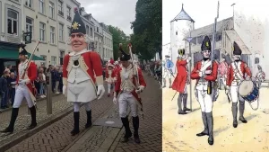 Rote Funken aus Köln,einmal als Karnevalsgesellschaft und einmal als Stadtsoldaten