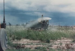 U.S. Army armored personnel carrier (APC) spraying Agent Orange during the Vietnam War,