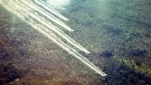 Vier US-amerikanische Transportflugzeuge des Typs Fairchild C-123 – zu Sprühflugzeugen umgebaut – während der „Operation Ranch Hand“ in Vietnam