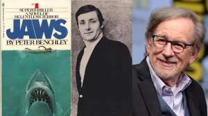 V.l.n.r.: Jaws-Taschenbuchcover, Peter Benchley und Steven Spielberg