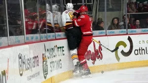Steven Lorentz checking Griffin Reinhart, 2019 Calder Cup Finals Chicago Wolves vs Charlotte Checkers