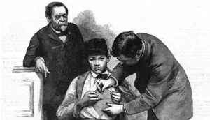 Jean-Baptiste Jupille wird in einer zeitgenössischen Darstellung im Beisein Louis Pasteurs als zweiter Mensch gegen Tollwut geimpft