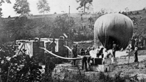  Befüllung eines Ballons des kurzlebigen Union Army Balloon Corps mit Hilfe mobiler Wasserstoffgeneratoren