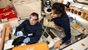  NASA astronauts Butch Wilmore and Suni Williams, Boeing's Crew Flight Test Commander and Pilot respectively, inspect safety hardware aboard the ISS