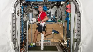 Astronaut Mark Vande Hei. Expedition 53 Flight Engineer, auf der COLBERT Combined Operational Load Bearing External Resistance Treadmill im Tranquility-Modul