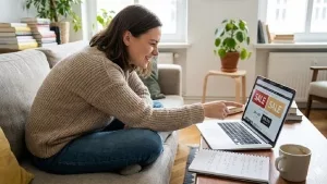 Junge Frau bei der Schnaäppchensuche am Laptop